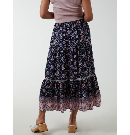 Elasticated Waistband Tiered Midi Skirt