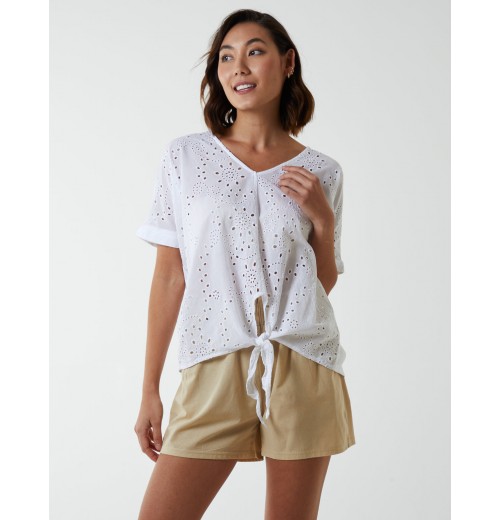 Broderie Batwing Knot Front Top