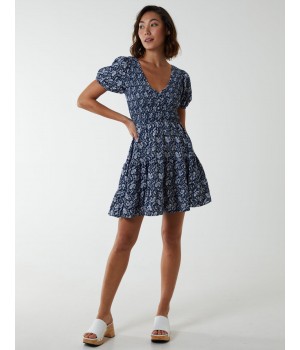 Shirred Bust Mini Dress With Puff Sleeve