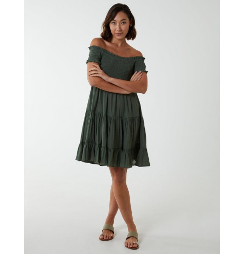 Bardot Shirred Neck Line Floaty Dress