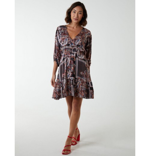 Paisley Wrap Front Pleated Kimono Sleeve Dress