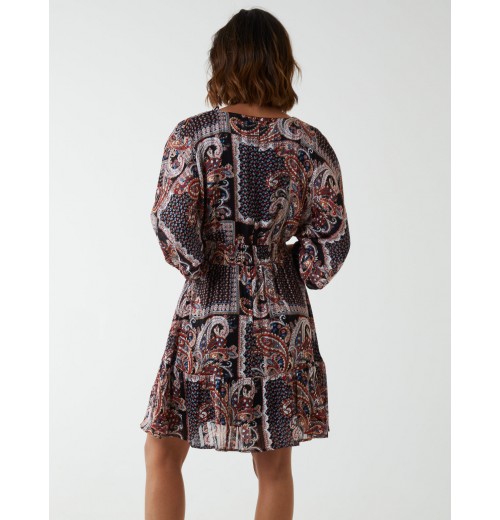 Paisley Wrap Front Pleated Kimono Sleeve Dress