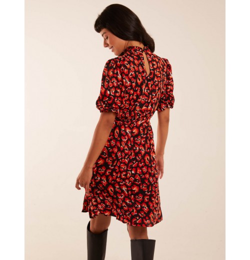 High Neck Animal Print Belted Dress