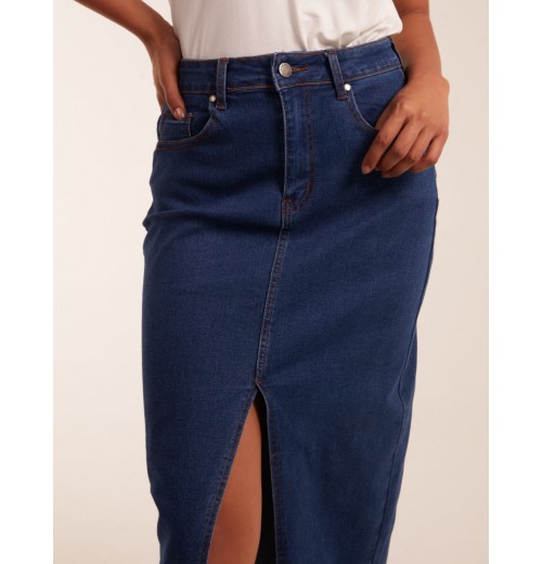 High Rise Denim Midi Skirt