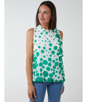 Sleeveless Polka Dot Top With Tie Neck