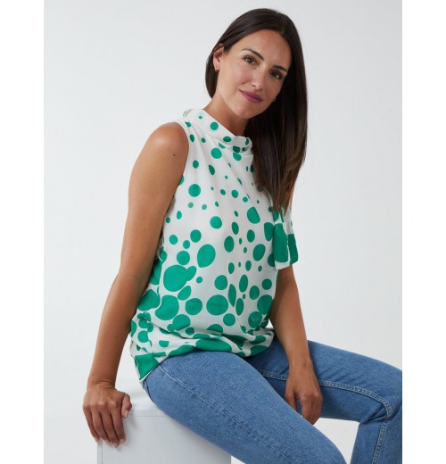 Sleeveless Polka Dot Top With Tie Neck