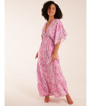 Elasticated Waist Tier Hem Angel Sleeve Maxi Dress