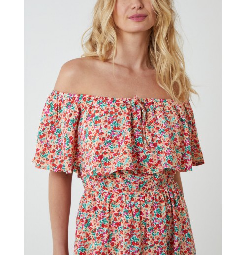 Bardot Ruffle Shoulder Midi Dress