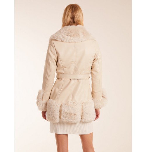 Faux Fur Collar PU Belted Coat