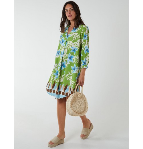 Floral Border Print V Neck Tunic Dress